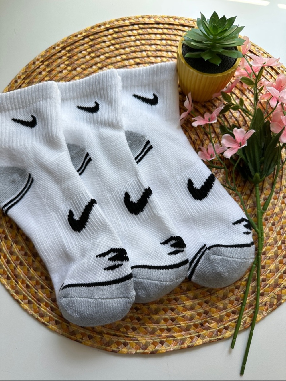 Nike White Crew Athletic Socks with Gray Toe & Black Logo - 3 Pack